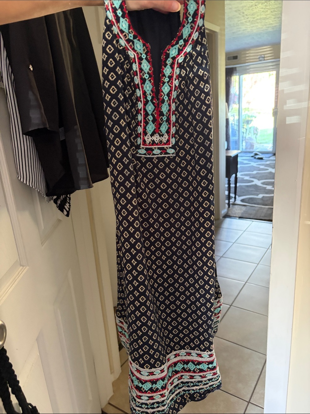 THML Embroidered Sleeveless Boho Dress Navy Geometric Print Size Small
